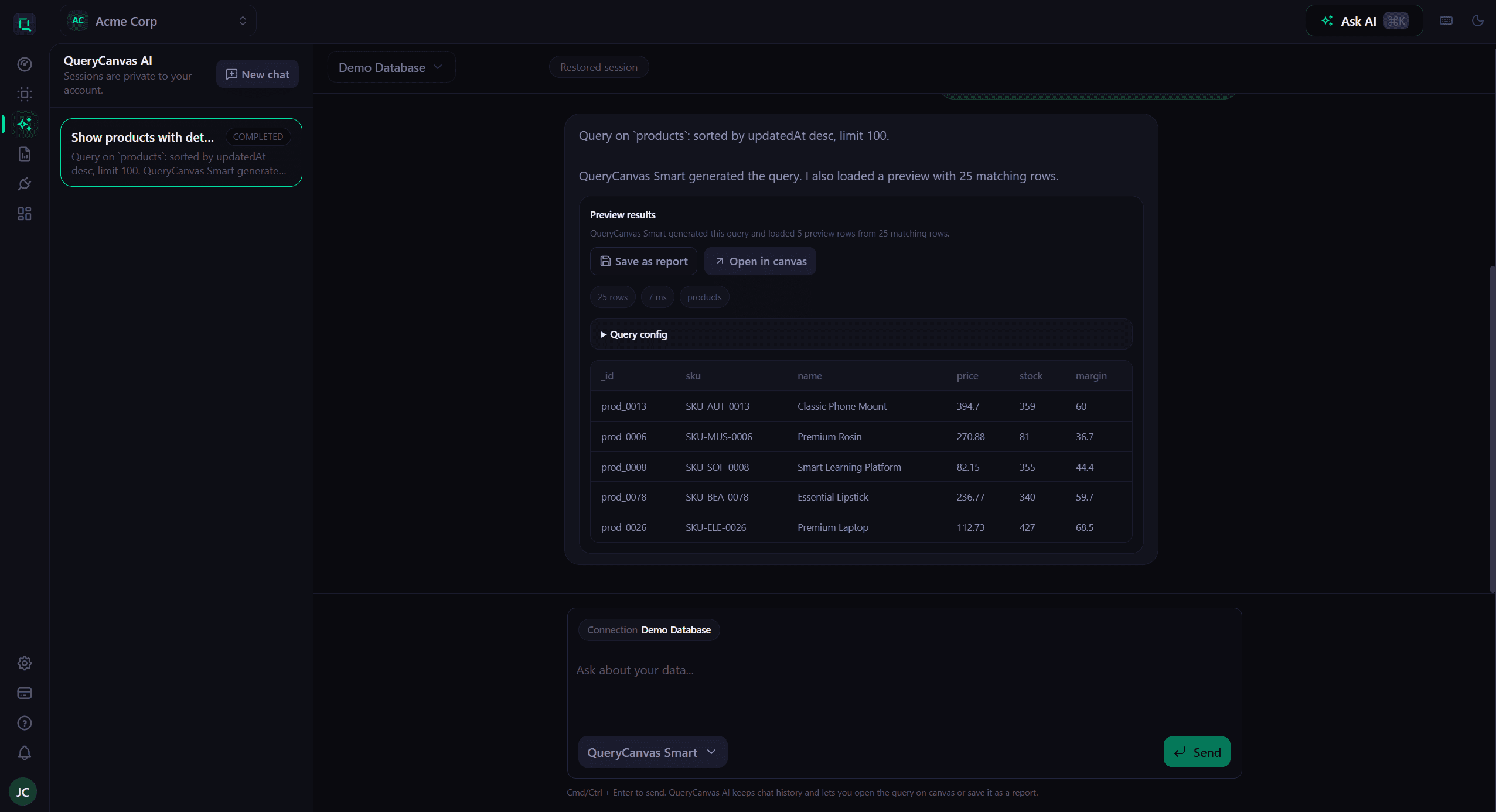 QueryCanvas AI result view showing a generated query and preview table