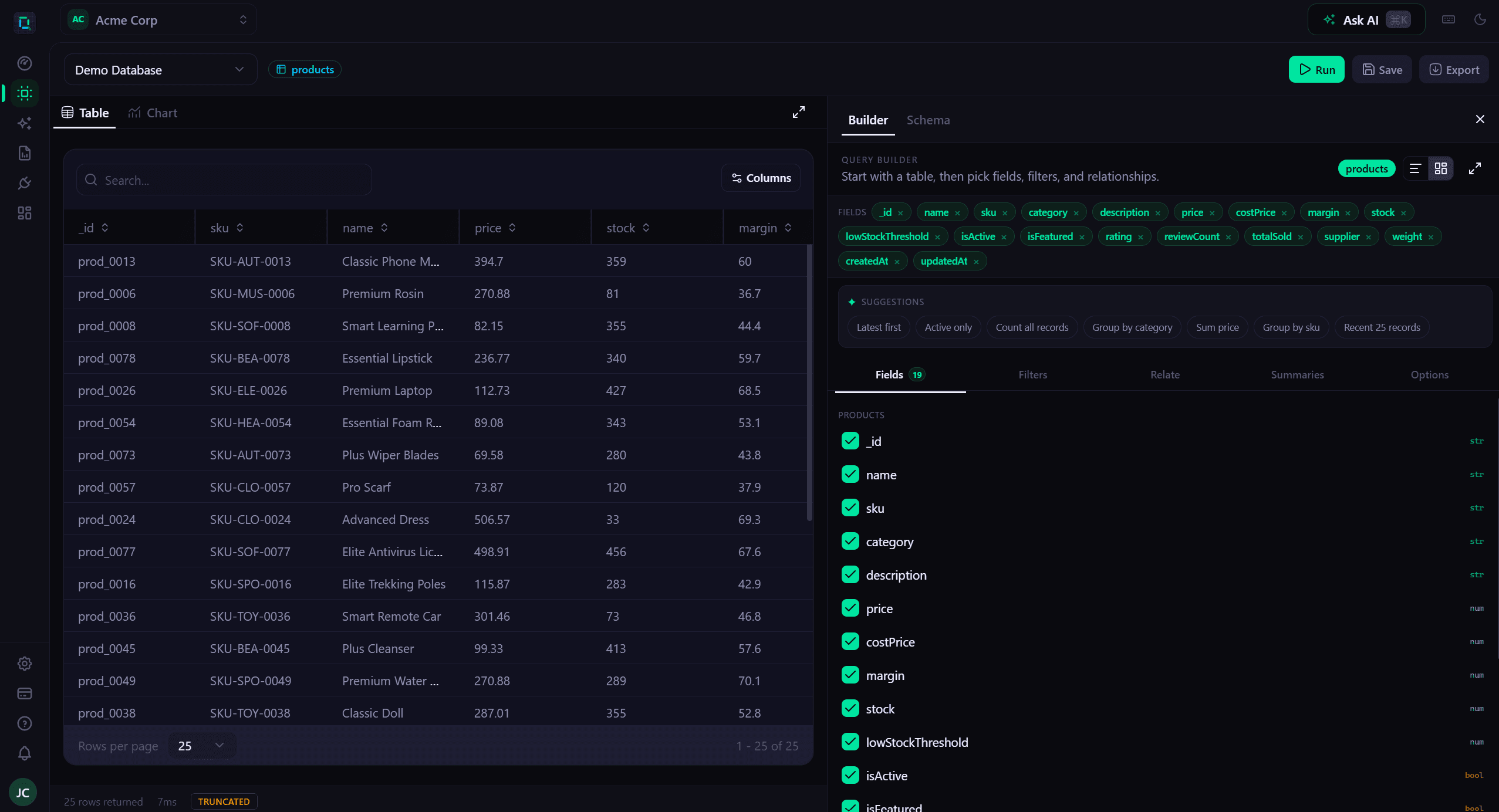 QueryCanvas schema explorer and query builder view